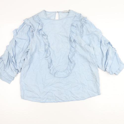 Zara Woman Blue Lyocell Ruffle Blouse Women M Long Sleeve Tunic