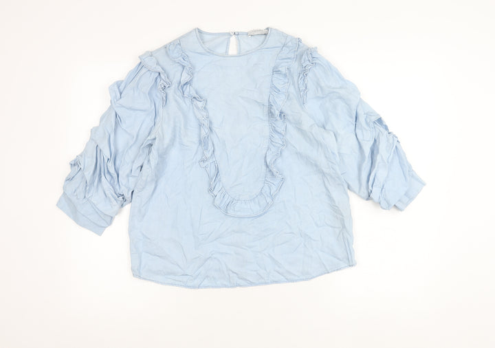 Zara Woman Blue Lyocell Ruffle Blouse Women M Long Sleeve Tunic