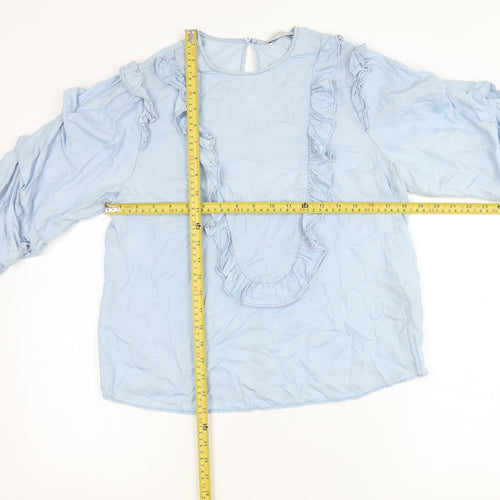 Zara Woman Blue Lyocell Ruffle Blouse Women M Long Sleeve Tunic