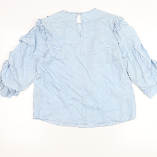 Zara Woman Blue Lyocell Ruffle Blouse Women M Long Sleeve Tunic