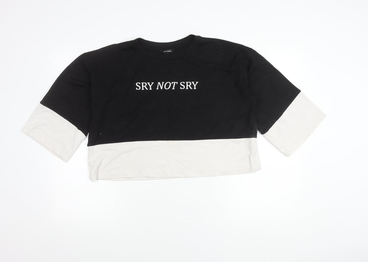 Monki Women’s Black White Pullover Sweatshirt S Slogan 3/4 Sleeve
