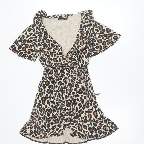 Boohoo Women’s Leopard Print Mini Wrap Dress UK 4 V-Neck