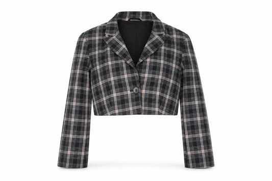 Front view of Primark women’s multicoloured plaid cropped suit jacket, size UK 14