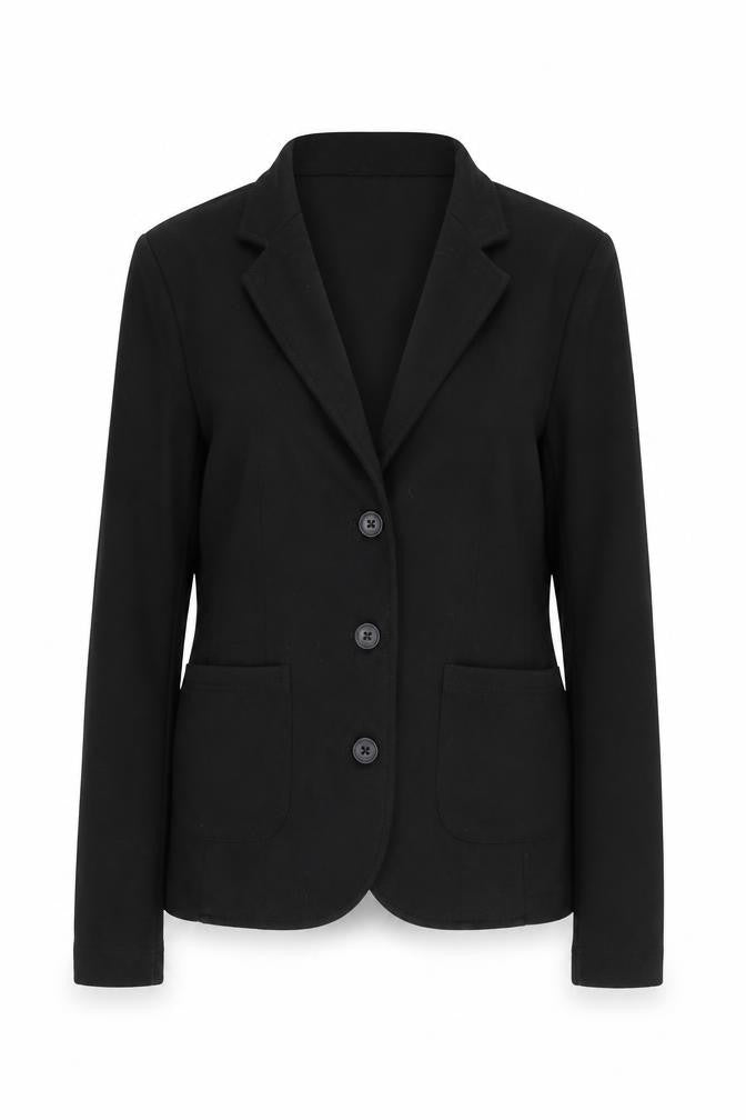 Front view of OPUS women’s black blazer jacket, size UK 12, regular fit workwear