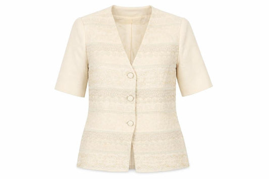 Front view of Gina Tricot Women’s Beige Short Sleeve Jacquard Suit Jacket, size UK 12