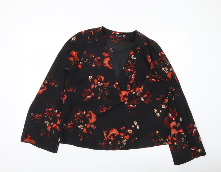 Gina Tricot Womens Black Floral Wrap Blouse Size 12 Long Sleeve