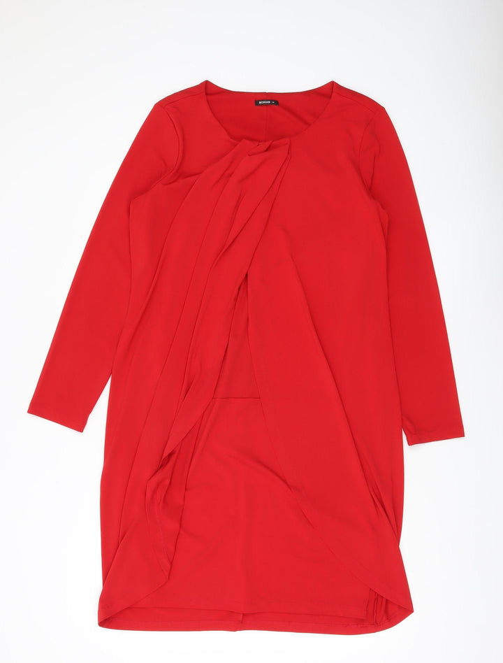 Roman Women's Red Shift Dress Size 14 Knee Length Long Sleeve