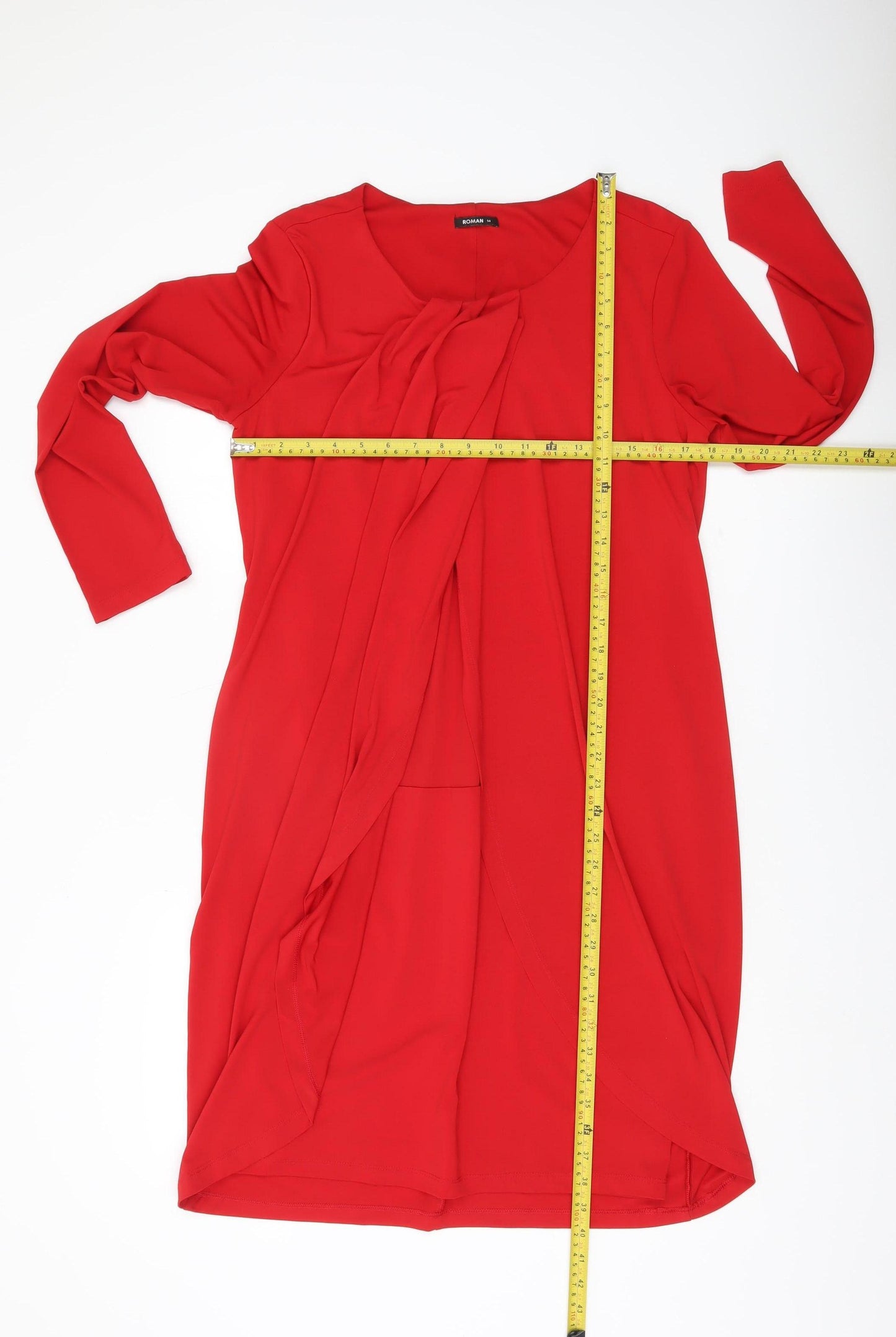 Roman Women's Red Shift Dress Size 14 Knee Length Long Sleeve