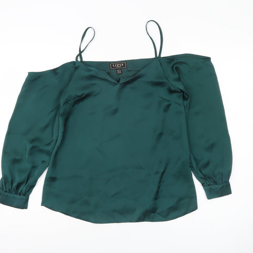 Lipsy Women Green UK 6 Cold Shoulder Satin Blouse V-Neck