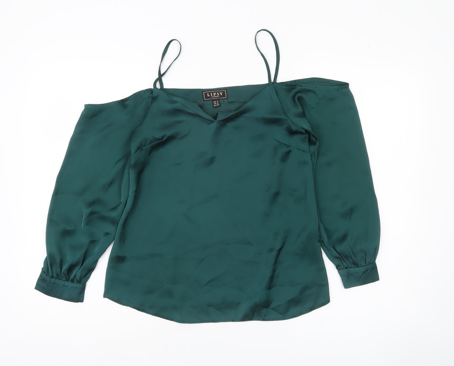 Lipsy Women Green UK 6 Cold Shoulder Satin Blouse V-Neck