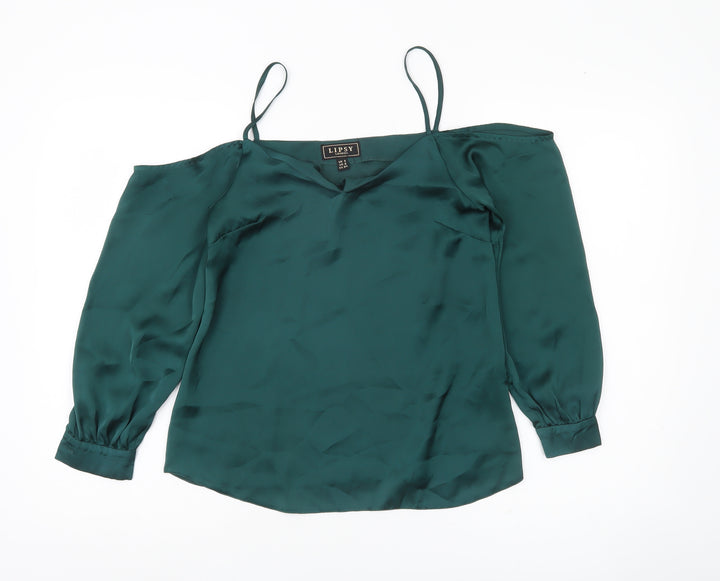 Lipsy Women Green UK 6 Cold Shoulder Satin Blouse V-Neck