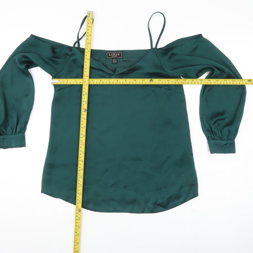 Lipsy Women Green UK 6 Cold Shoulder Satin Blouse V-Neck