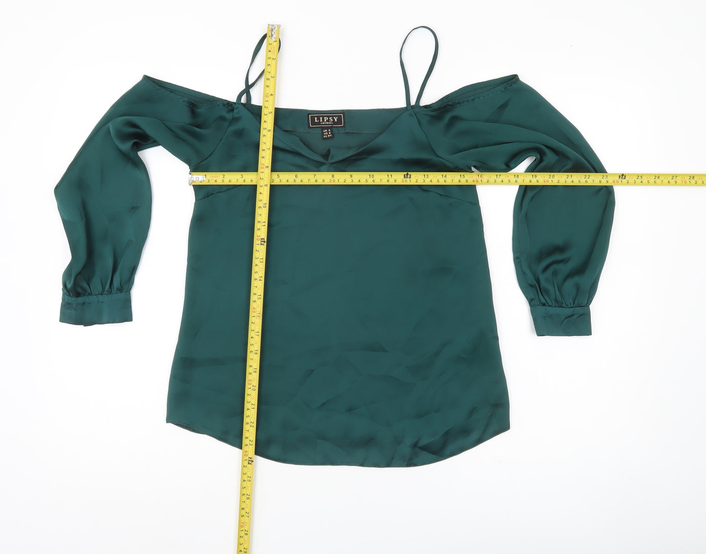 Lipsy Women Green UK 6 Cold Shoulder Satin Blouse V-Neck