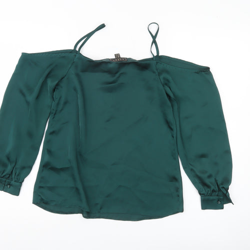 Lipsy Women Green UK 6 Cold Shoulder Satin Blouse V-Neck