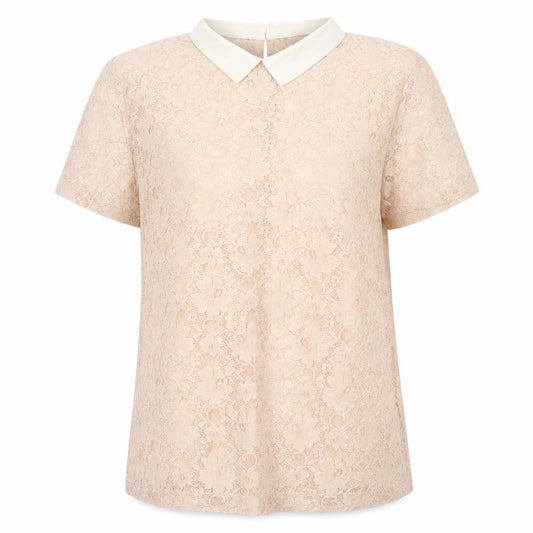 Front view of French Connection Women’s Beige Lace Collared Blouse, size UK 14