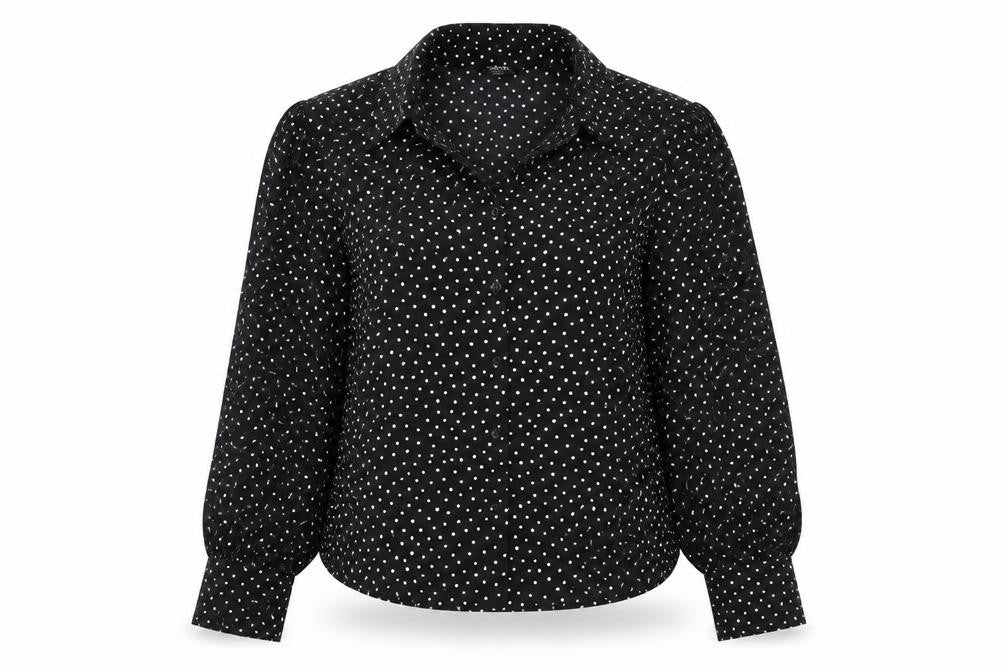 Front view of Monki Women’s Black Polka Dot Blouse, size UK 14, Collared Long Sleeve