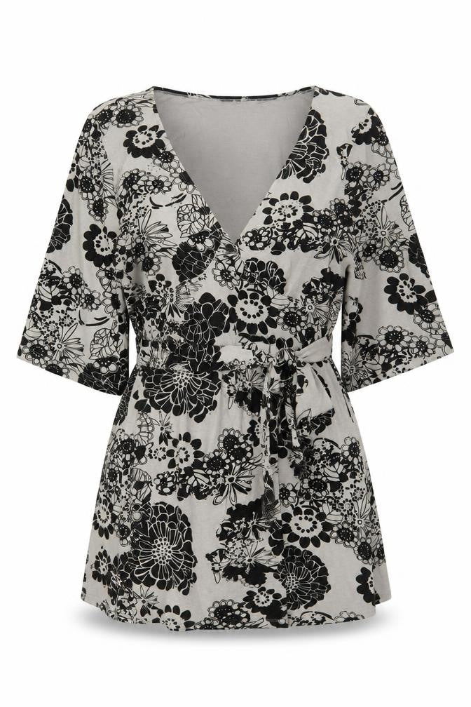 Evans Women’s Grey Floral Wrap Blouse Size 20 Cotton 3/4 Sleeve