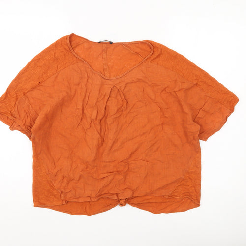 Massimo Dutti Womens Orange Linen Blouse Size 12 Short Sleeve Basic