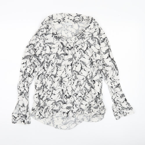 Warehouse Women’s White Horse Print Blouse UK 10 Long Sleeve Viscose