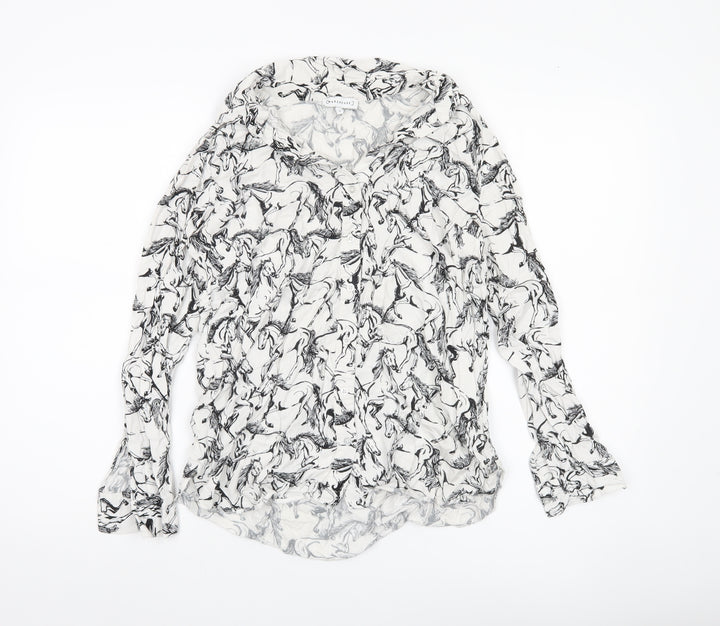 Warehouse Women’s White Horse Print Blouse UK 10 Long Sleeve Viscose