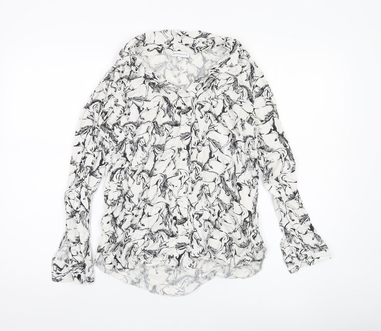 Warehouse Women’s White Horse Print Blouse UK 10 Long Sleeve Viscose