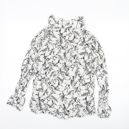 Warehouse Women’s White Horse Print Blouse UK 10 Long Sleeve Viscose