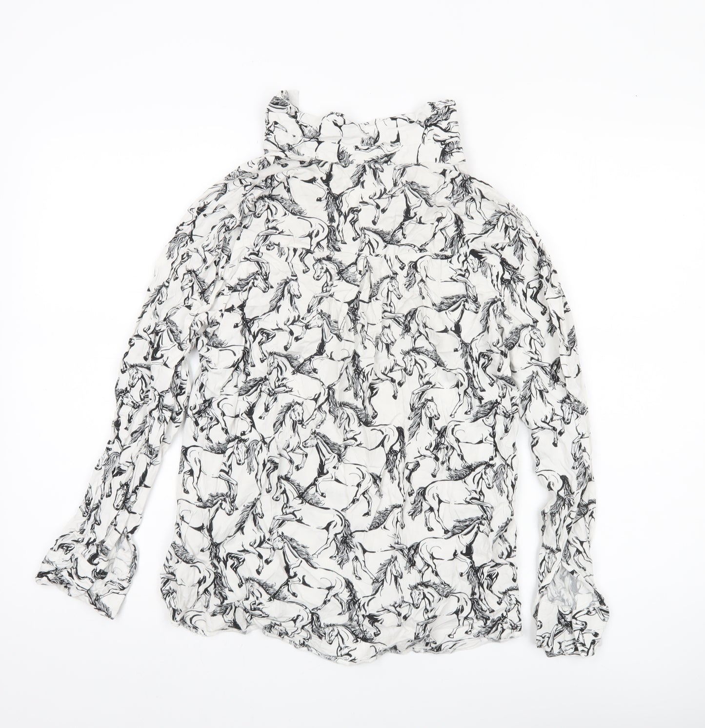 Warehouse Women’s White Horse Print Blouse UK 10 Long Sleeve Viscose