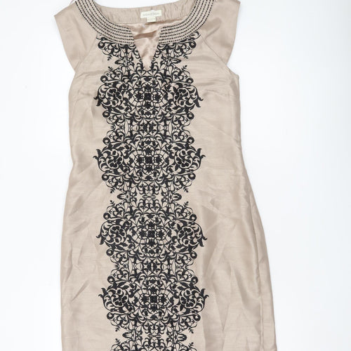 Monsoon Women’s Beige Silk Sheath Dress Size 8 Sleeveless Embroidered