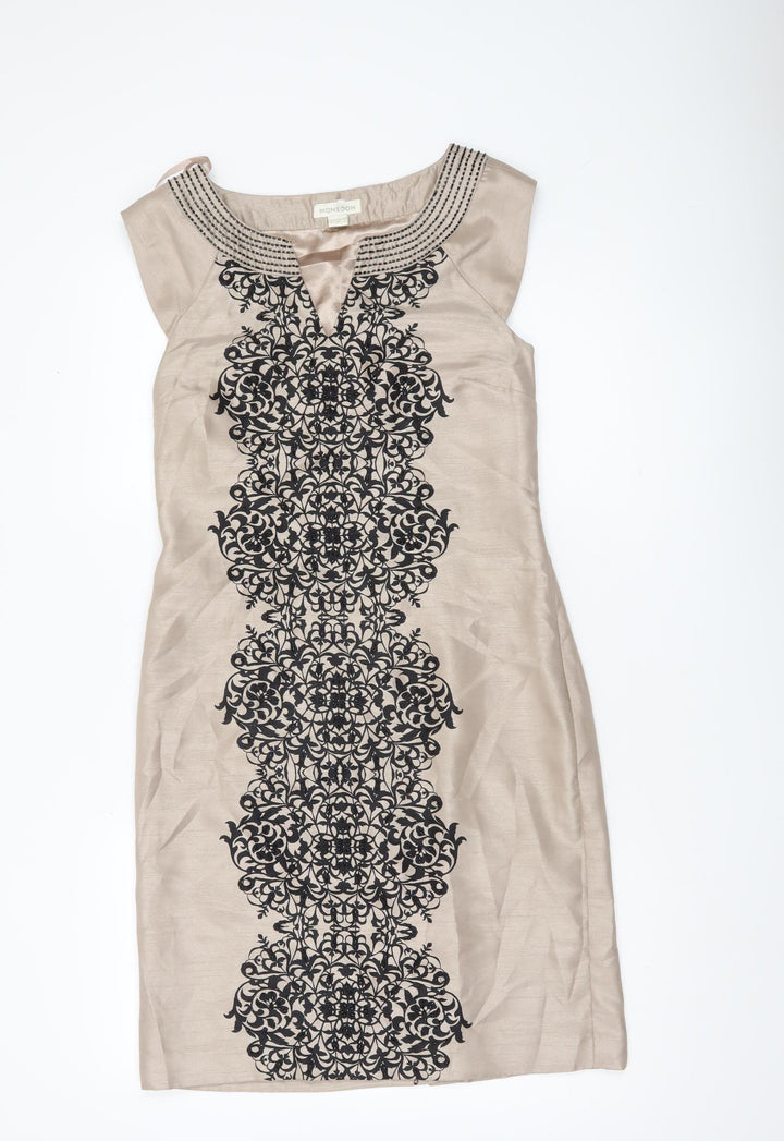 Monsoon Women’s Beige Silk Sheath Dress Size 8 Sleeveless Embroidered
