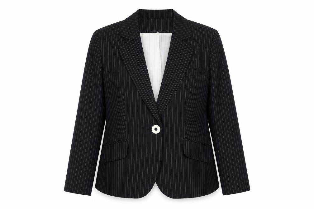 Front view of Marks & Spencer Women Black Pinstripe Blazer, size 14, Single Breasted