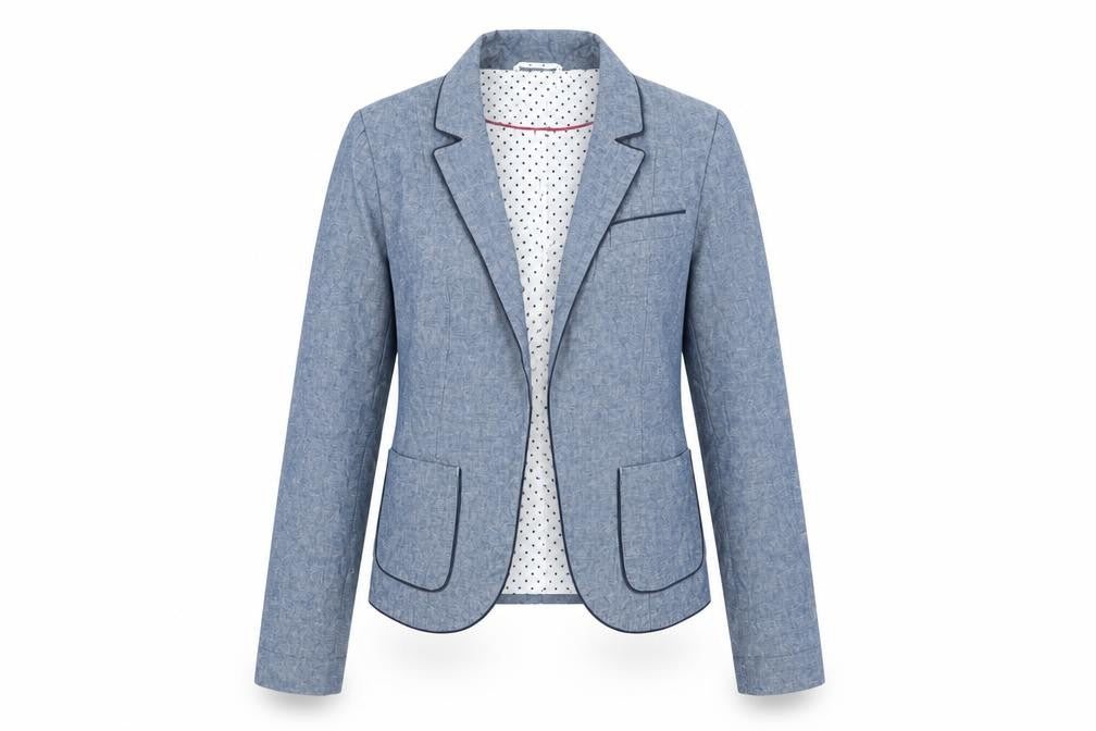 Front view of Atmosphere Women’s Blue Chambray Blazer, size UK 6, UK Single Breasted