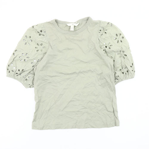 H&M Women Green XS Cotton Puff Sleeve Floral Blouse