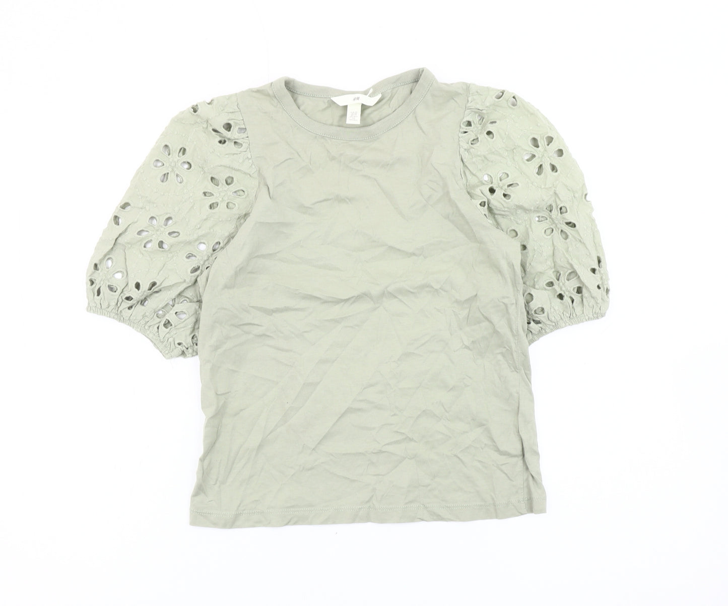 H&M Women Green XS Cotton Puff Sleeve Floral Blouse