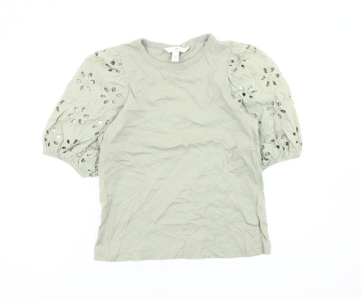 H&M Women Green XS Cotton Puff Sleeve Floral Blouse