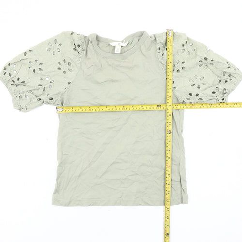 H&M Women Green XS Cotton Puff Sleeve Floral Blouse