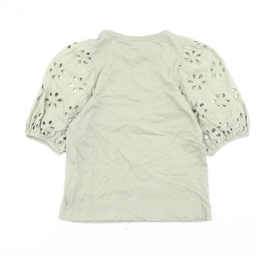 H&M Women Green XS Cotton Puff Sleeve Floral Blouse