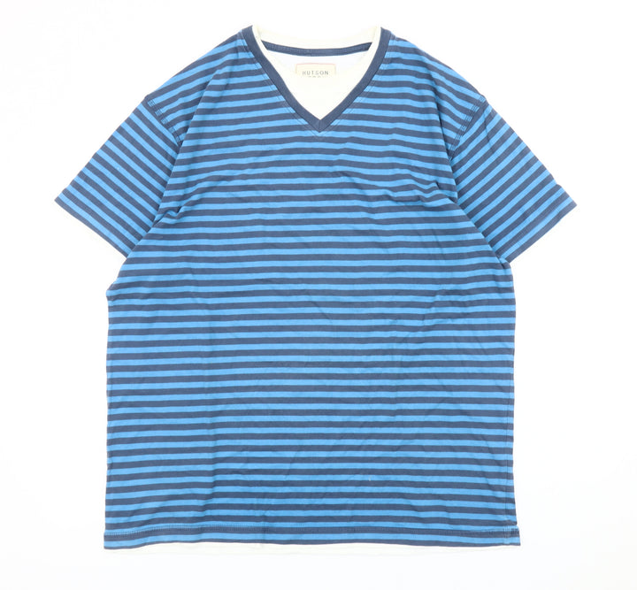 Hutson Harbour Men's Blue Striped Cotton V-Neck T-Shirt L