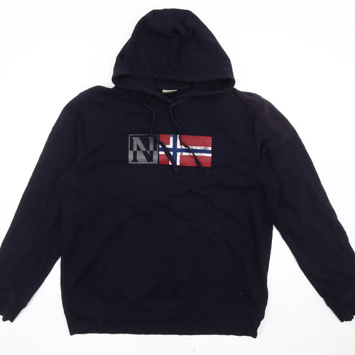 Napapijri Mens Blue 2XL Pullover Hoodie Flag Logo Cotton Blend