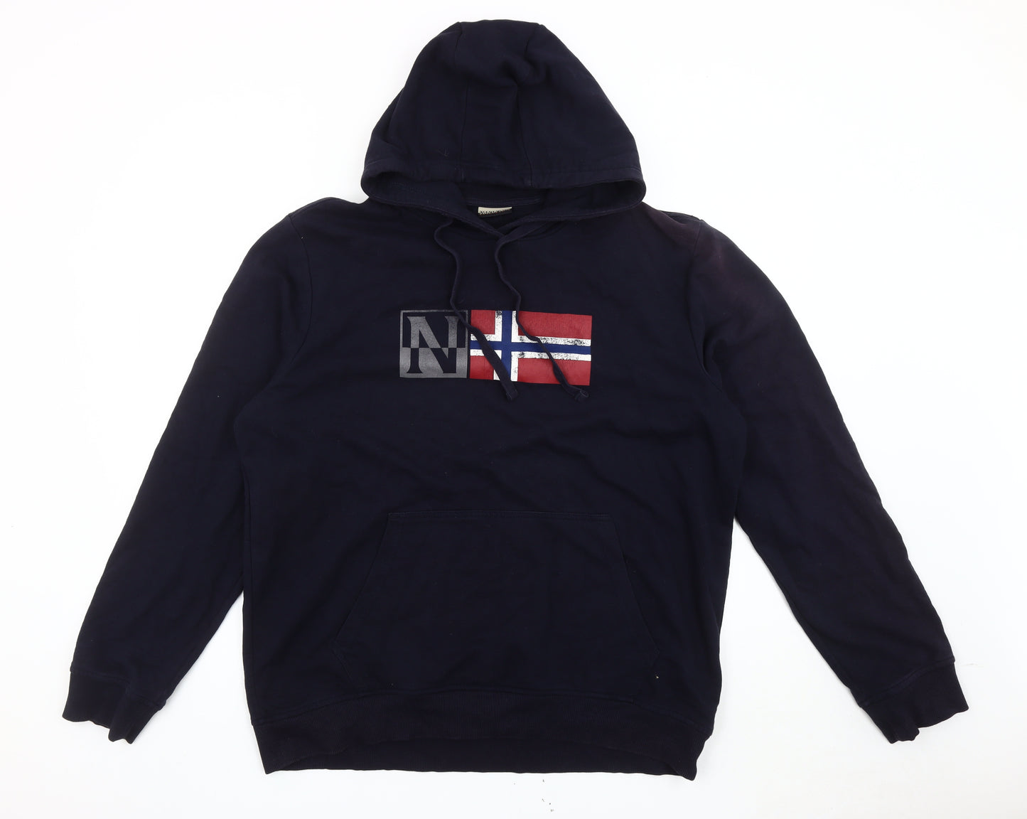 Napapijri Mens Blue 2XL Pullover Hoodie Flag Logo Cotton Blend