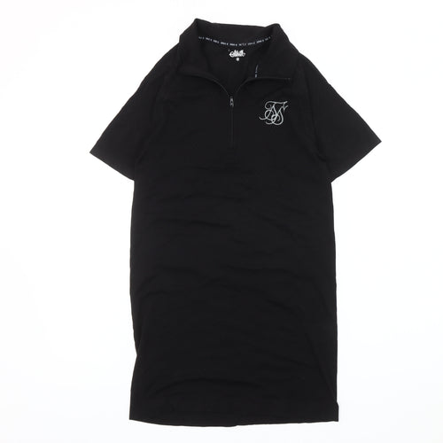 SikSilk Women Black M T-Shirt Dress Casual Zip Logo Short Sleeve
