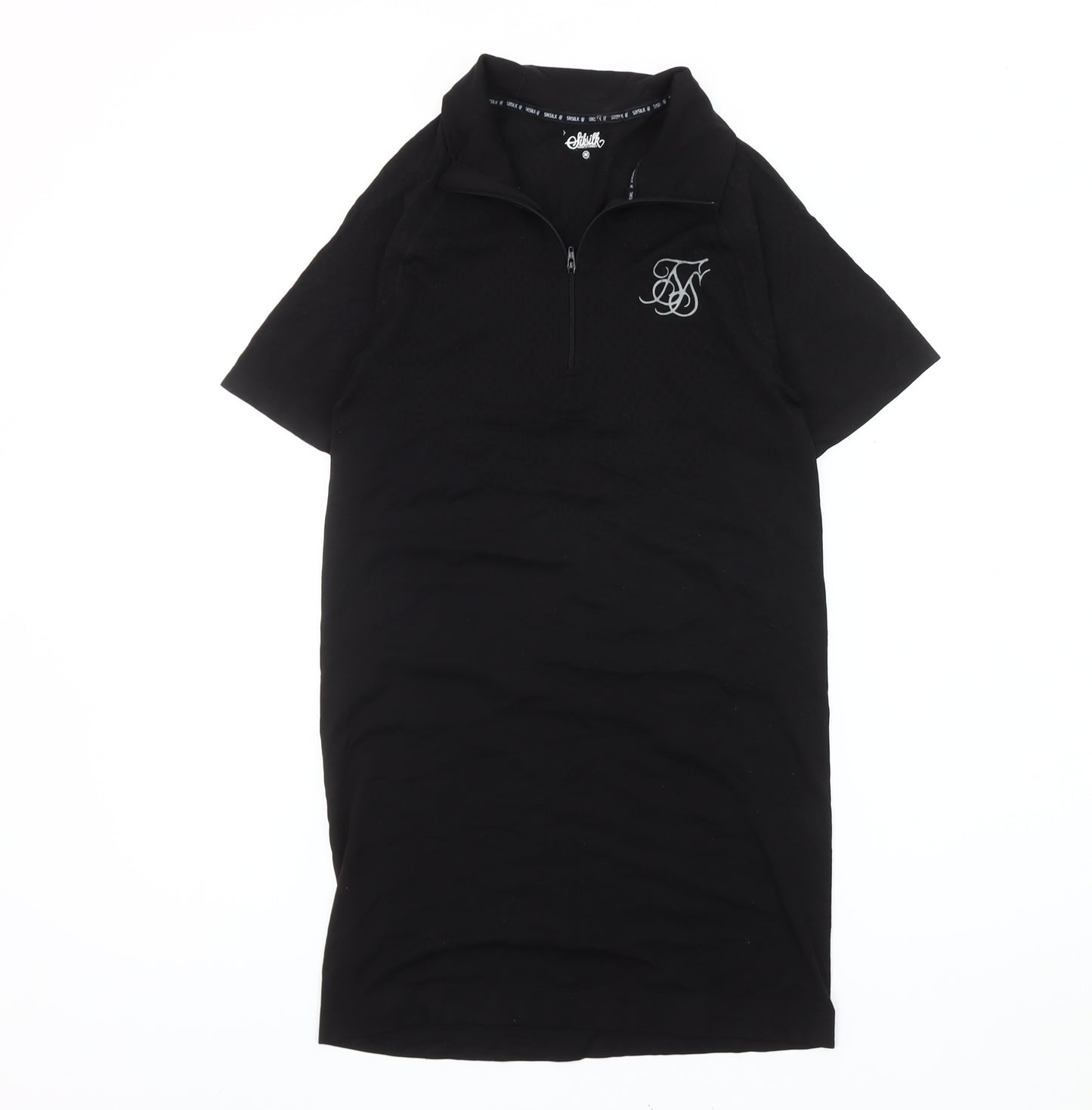 SikSilk Women Black M T-Shirt Dress Casual Zip Logo Short Sleeve