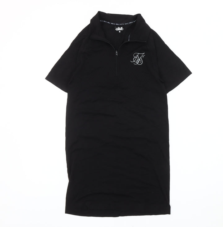 SikSilk Women Black M T-Shirt Dress Casual Zip Logo Short Sleeve