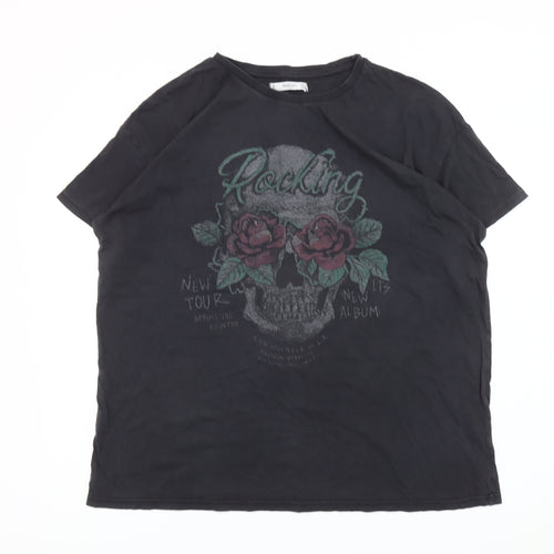 Mango Women Black Skull Rose Graphic Rock T-Shirt Size 12