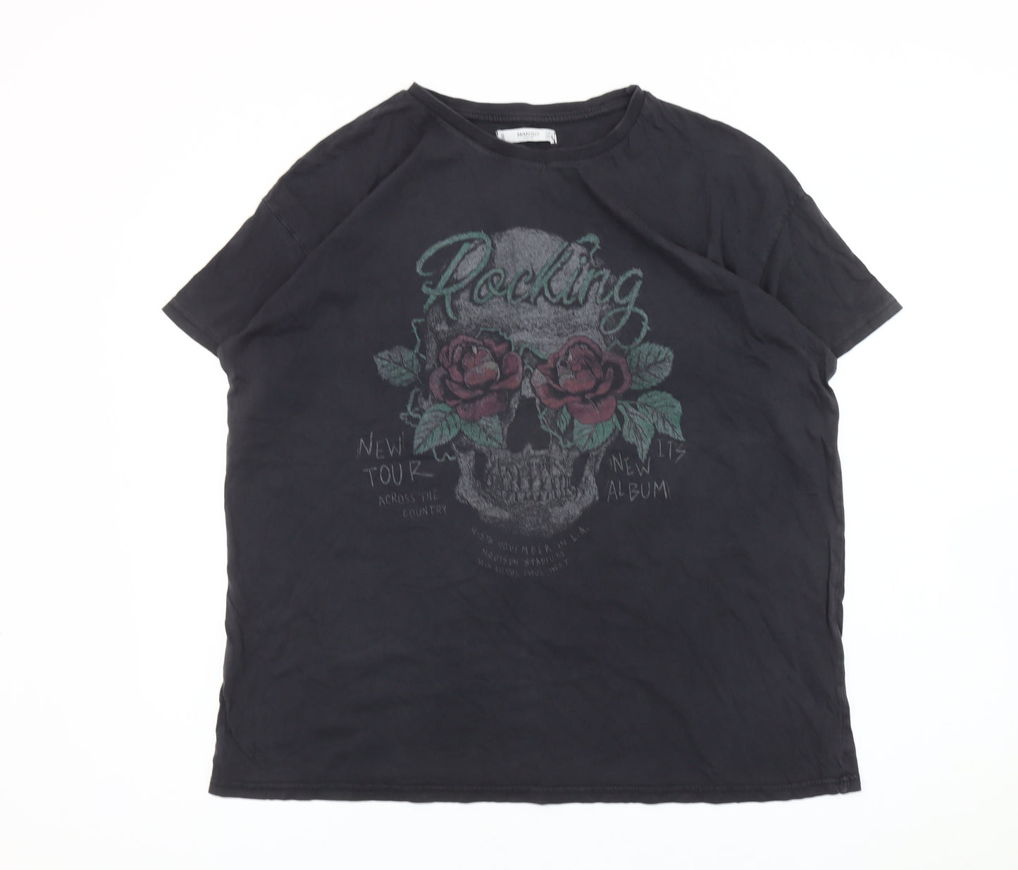 Mango Women Black Skull Rose Graphic Rock T-Shirt Size 12