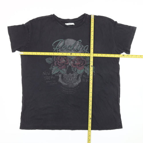 Mango Women Black Skull Rose Graphic Rock T-Shirt Size 12