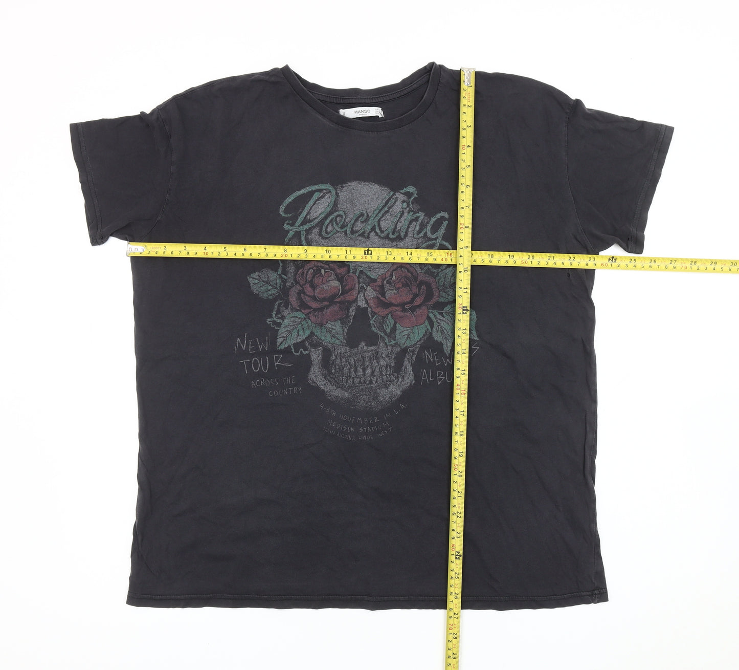 Mango Women Black Skull Rose Graphic Rock T-Shirt Size 12