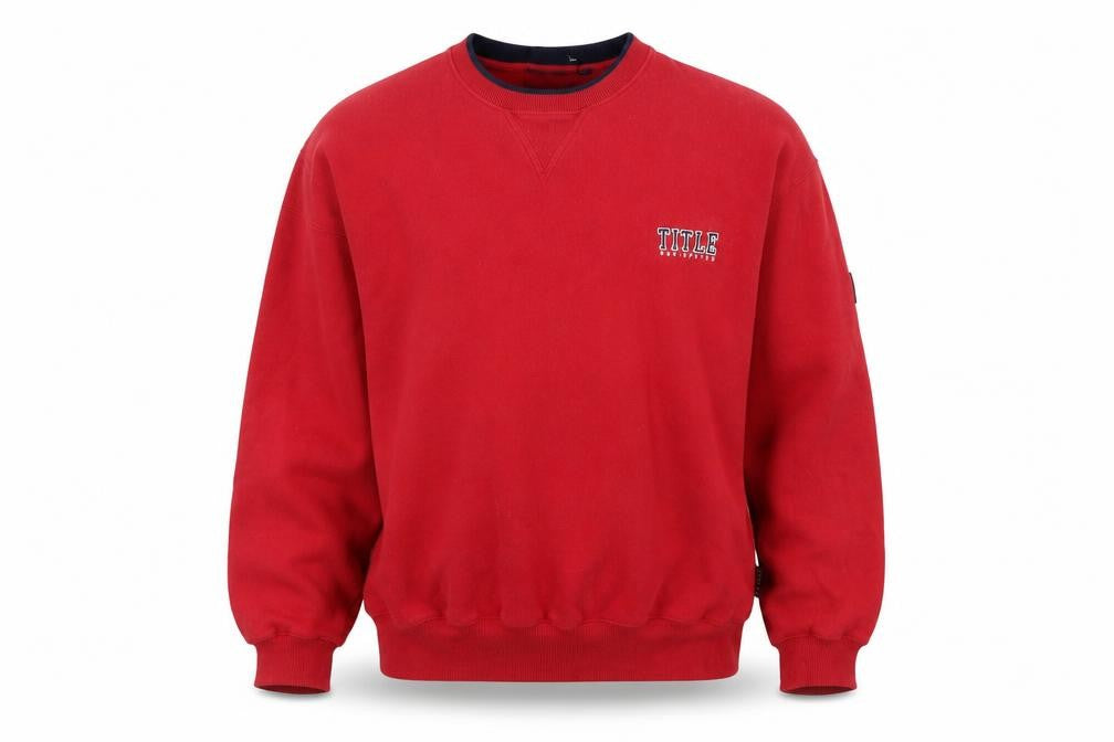 Front view of TITLE Men’s Red Pullover Sweatshirt, size M, Crew Neck Logo Jumper