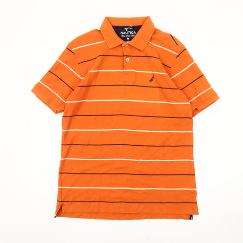 Nautica Men’s Orange Striped Polo Shirt M Cotton Short Sleeve