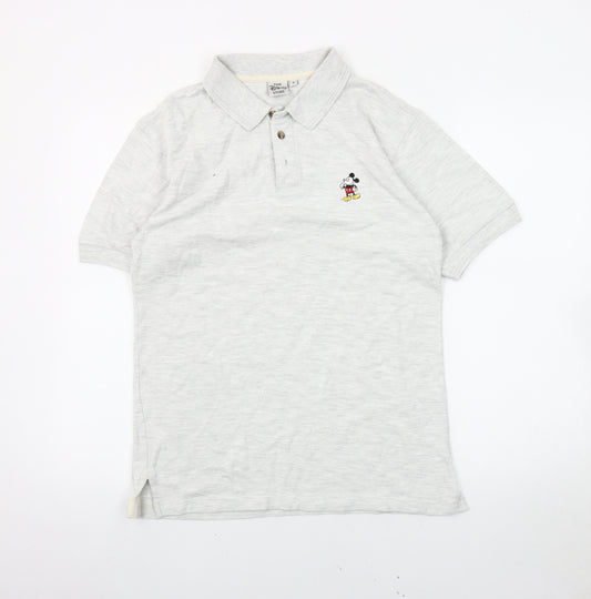 Front view of The Disney Store Men’s Grey Polo Shirt S Embroidered Mickey Logo
