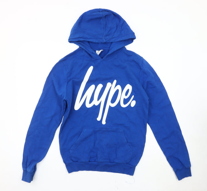 Hype Mens Blue Pullover Hoodie Small Logo Graphic Cotton Blend
